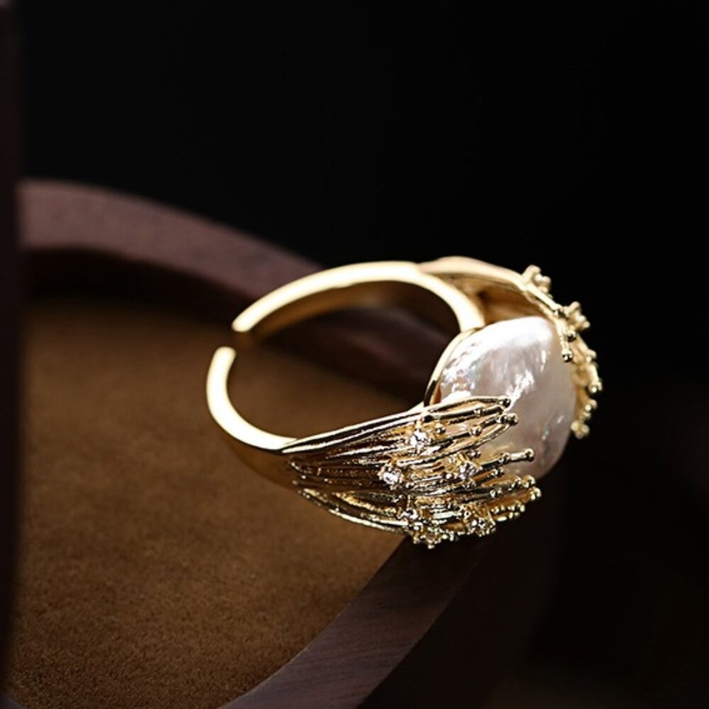 ARTISAN Baroque Pearl Ring - Unique Textured Gold Tone Adjustable!